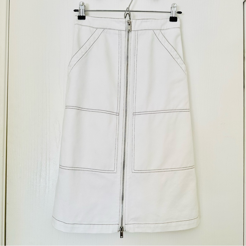 Percotton White Denim Cotton Pencil Skirt with Huge Pockets and Elastic Waist S